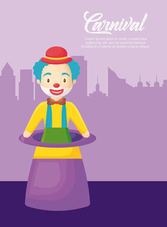 magic hat with cartoon clown over purple background, colorful design vector illustrationのイラスト素材