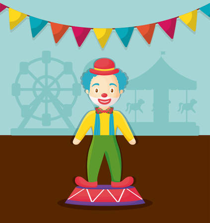 Cartoon clown and decorative pennants over carnival circus background, colorful design vector illustrationのイラスト素材
