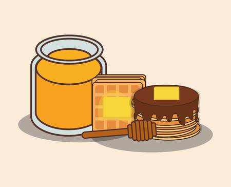 honey bottle and pancakes and waffles over white background, colorful design. vector illustrationのイラスト素材