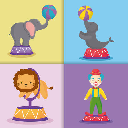 Icon set of circus animals and clown over colorful squares background, vector illustration のイラスト素材