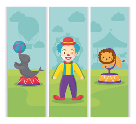 carnival circus design with circus animals and clown over landscap, colorful design vector illustrationのイラスト素材