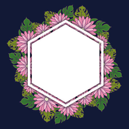 decorative hexagonal frame with beautiful flowers and leaves around over blue background, colorful design vector illustrationのイラスト素材