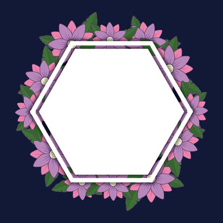 decorative hexagonal frame with flowers and leaves around over blue background, colorful design vector illustrationのイラスト素材
