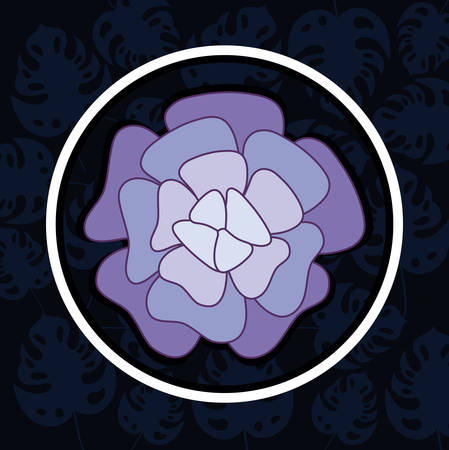 decorative circular frame with beautiful purple flower over tropical leaves background, colorful design vector illustrationのイラスト素材