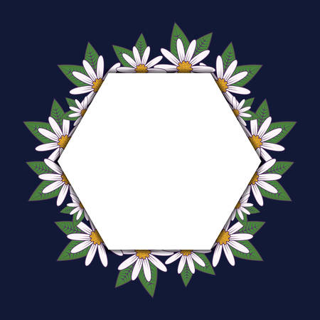 decorative hexagonal frame with beautiful flowers and leaves around over blue background, colorful design vector illustrationのイラスト素材