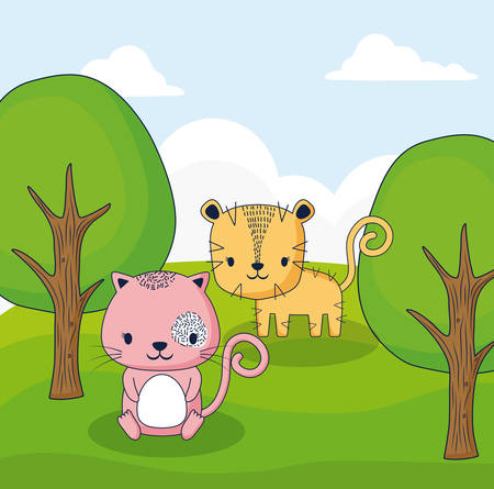 cute tiger and lion at the forest, colorful hand draw design, vector illustrationのイラスト素材