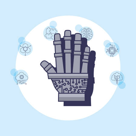 Artificial intelligence design with robotic hand and related icons around over white circle and blue background, colorful design vector illustrationのイラスト素材