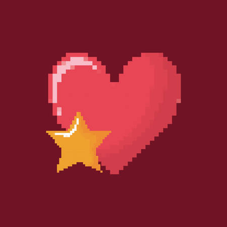 Video Game heart and star icon over red background, pixelated colored design vector illustration.のイラスト素材
