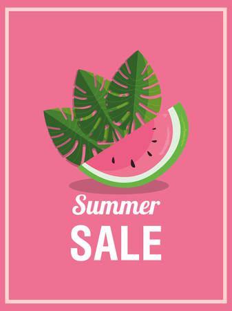 Summer sale design with watermelon and tropical leaves icon over pink background, colorful design vector illustrationのイラスト素材