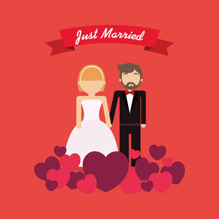 Just married couple and decorative hearts over red background, colorful design vector illustrationのイラスト素材