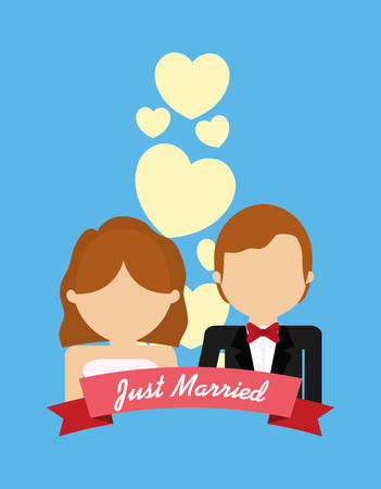 Just married couple with decorative ribbon and hearts over blue background, colorful design vector illustrationのイラスト素材
