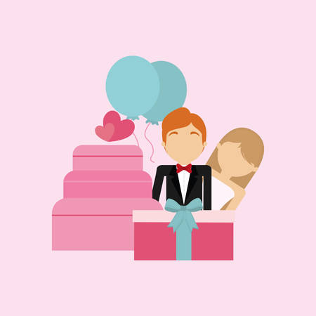Just married couple with wedding cake and gift over pink background, colorful design vector illustrationのイラスト素材