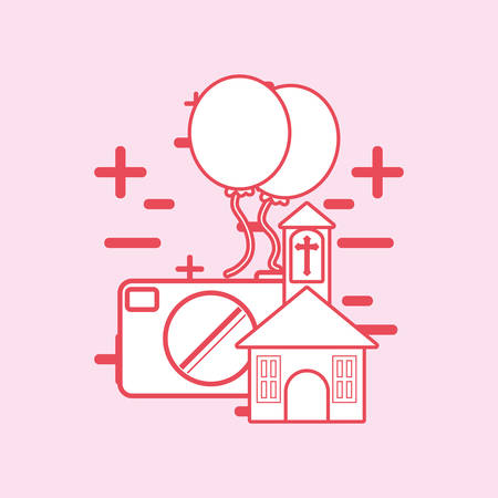 church and camera with balloons over pink background, colorful line desing vector illustrationのイラスト素材