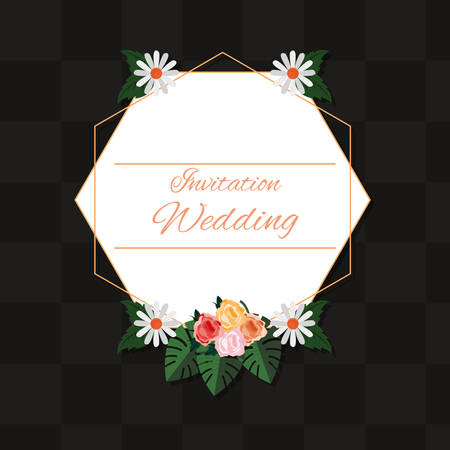 wedding invitation design with decorative tropical flowers  over black background, colorful design. vector illustrationのイラスト素材