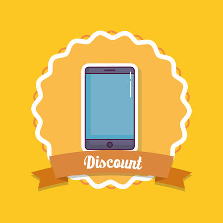 discount design with smartphone over decorative frame and yellow background, colorful design. vector illustrationのイラスト素材