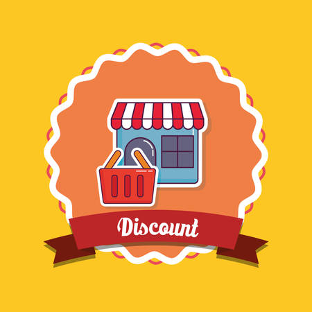 discount design with store and shopping basket over decorative frame and yellow background, colorful design. vector illustrationのイラスト素材