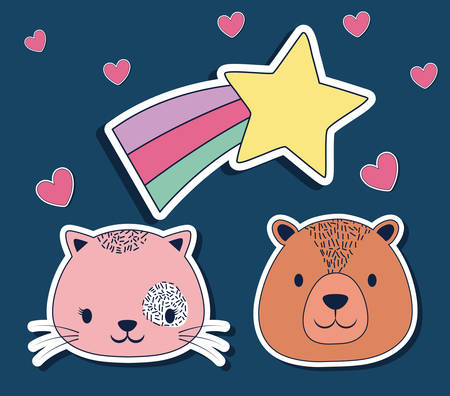 cute cat and bear with shooting star over blue background, colorful design vector illustrationのイラスト素材