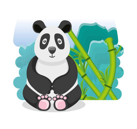 cute bear panda with bamboo plants culture oriental vector illustration designのイラスト素材