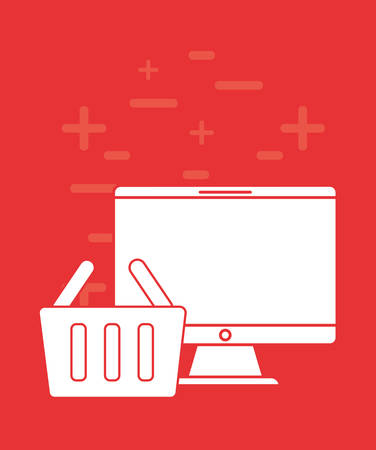 Computer and shopping basket over red background, colorful design. vector illustrationのイラスト素材