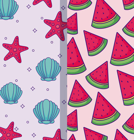 Patterns of sea star with shells and watermelons, colorful design. vector illustrationのイラスト素材