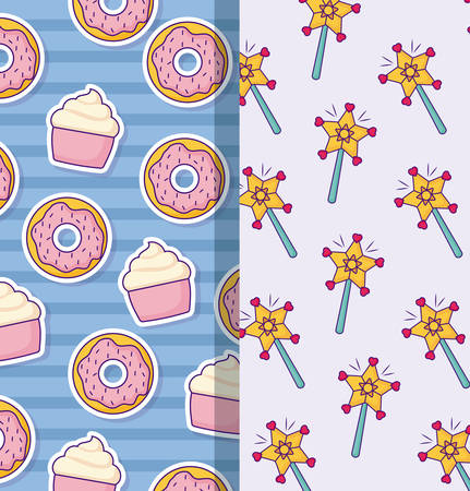 Patterns of magic wand and donuts with muffins, colorful design. vector illustrationのイラスト素材