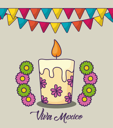 Viva Mexico design with decorative pennants and candle over white background, colorful design. vector illustration.のイラスト素材
