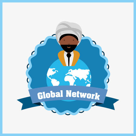 Global network design with cartoon hindu man and earth planet over white background, colorful design. vector illustrationのイラスト素材