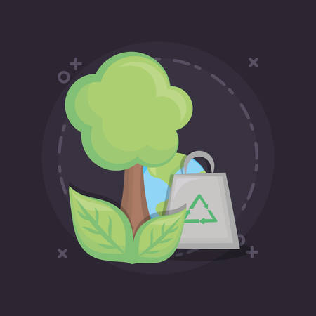 leaves with tree and reycle bag over black background, colorful design. vector illustrationのイラスト素材