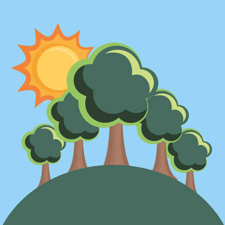 Landscape with mountain with trees and sun over blue background, colorful design. vector illustrationのイラスト素材