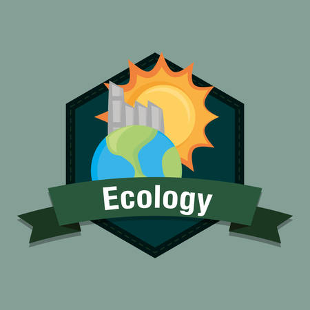 Ecology design with earth planet and sun over decorative frame and green background, colorful design. vector illustrationのイラスト素材