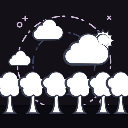 trees and clouds with sun over black background, vector illustrationのイラスト素材