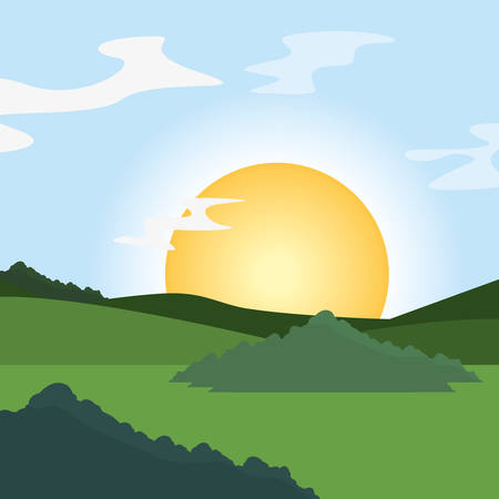 Abstract image of  dawn sun over the mountains at the background. Mountain landscape. vector illustrationのイラスト素材