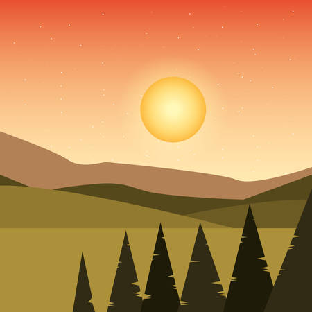 Abstract landscape of a sunset or dawn sun over the mountains. colorful  landscape. vector illustrationのイラスト素材
