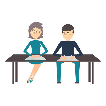 avatar people sitting at desk  over white background, colorful design.  vector illustrationのイラスト素材