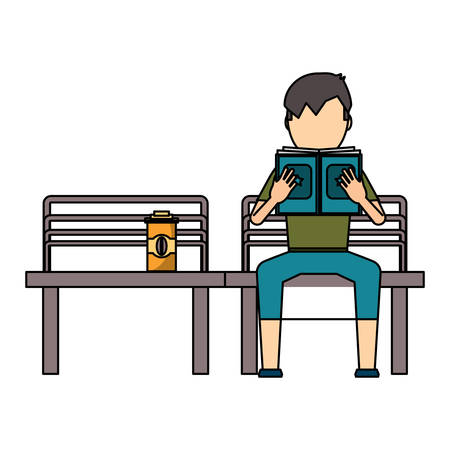 avatar man with a book and coffee drink sitting on a bench over white background, colorful design. vector illustrationのイラスト素材