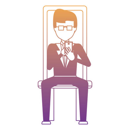 avatar businessman using a cellphone and sitting on a chair over white background, colorful design. vector illustrationのイラスト素材