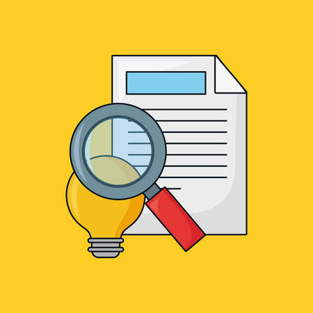 seo design with document page and bulb with magnifying glass  over yellow background, vector illustrationのイラスト素材