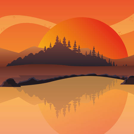 sunset landscape at the lake, colorful design. vector illustrationのイラスト素材