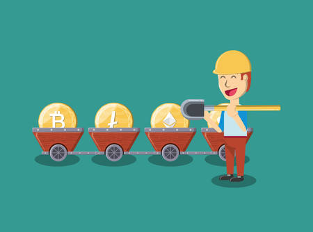 Mining cryptocurrency design with cryptocurrency coins and cartoon man with a shovel  over turquoise background, colorful design. vector illustrationのイラスト素材