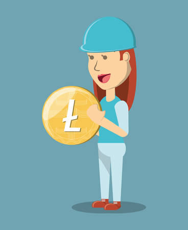 cryptocurrency mining design with cartoon woman holding a litecoin coin over blue background, colorful design. vector illustrationのイラスト素材