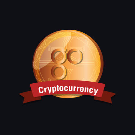 Emblem with decorative ribbon and Omisego coin over black background, colorful design. vector illustrationのイラスト素材