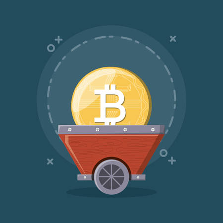 Mining cryptocurrency design with mining cart with bitcoin coin over blue background, colorful design. vector illustrationのイラスト素材