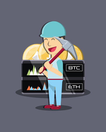 mining cryptocoins design with cartoon man holding a pica tool over blue background, colorful design. vector illustrationのイラスト素材