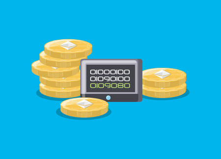 tablet and stack of cryptocoins over blue background, colorful design. vector illustration