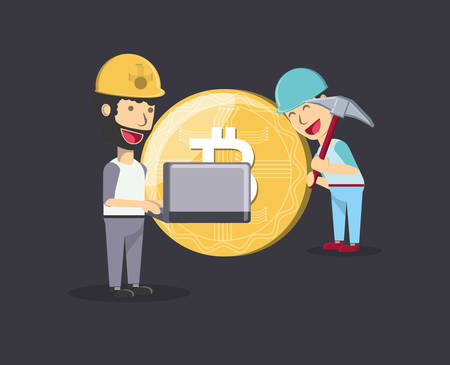 Mining cryptocoins and cartoon man holding a laptop computer and other man with bitcoin coin over black background, colorful design. vector illustrationのイラスト素材