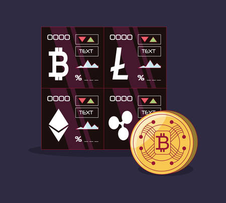 cryptocurrency stock market and bitcoin coin over blue background, colorful design. vector illustrationのイラスト素材