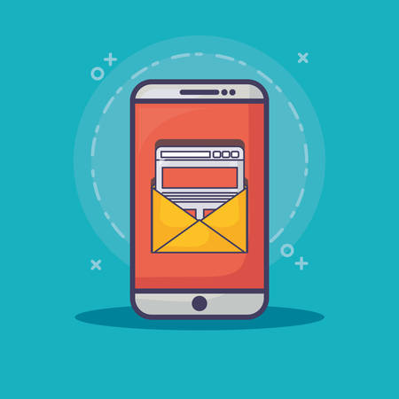 smartphone with email marketing related icons over blue background, vector illustrationのイラスト素材
