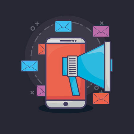 smartphone with email marketing related icons over blue background, vector illustrationのイラスト素材