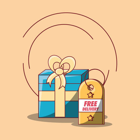 Free delivery design with gift box and price tag over orange background, colorful design. vector illustrationのイラスト素材