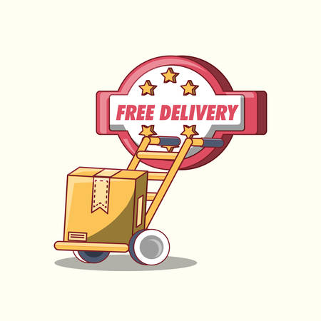 Free delivery emblem with hand cart with carton box over white colorful design.のイラスト素材